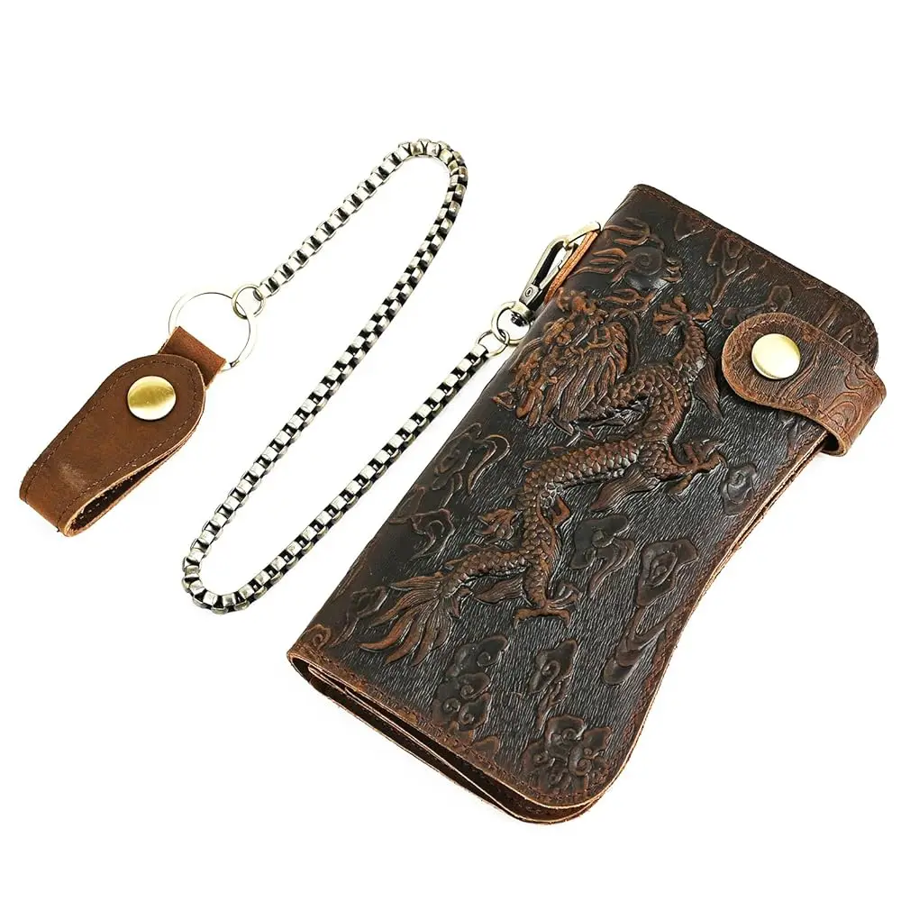 

Free ShippingGenuine Crazy Horse Leather Travel Gift Coin Pocket Card Case Long Organizer Chain Rfid Wallet Purse With Snap For