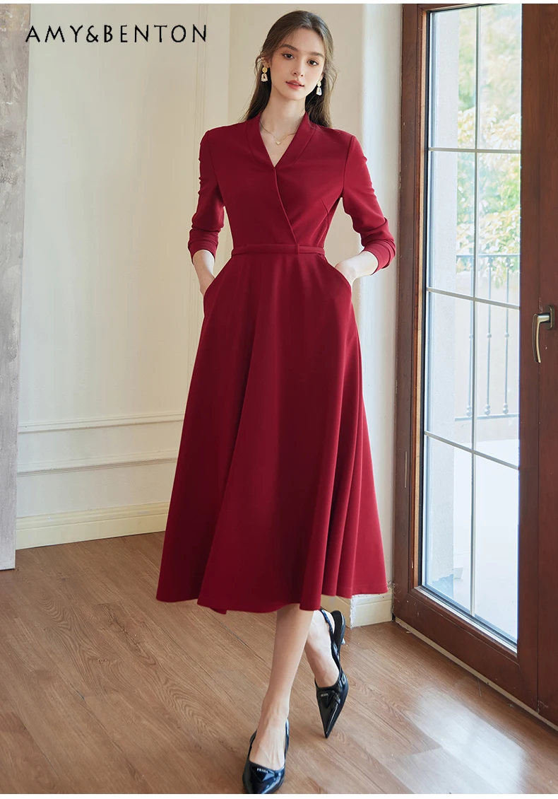 

Fashion Elegant Red Knitted Dress 2024 Early Spring New Temperament V-neck Slim Swing Dress for Women Graceful Evening Clothes