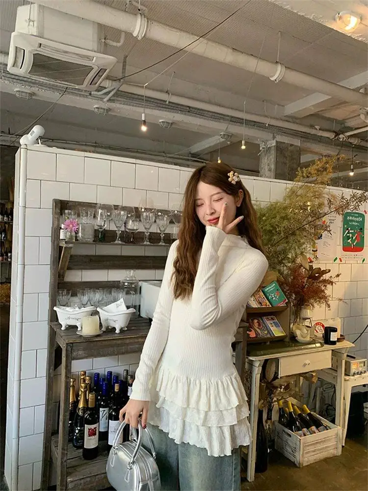 White Half High Collar Long Sleeve T-Shirt Women's Initial Spring Lace Hem Base Shirt Inner Wear mid Collar Top