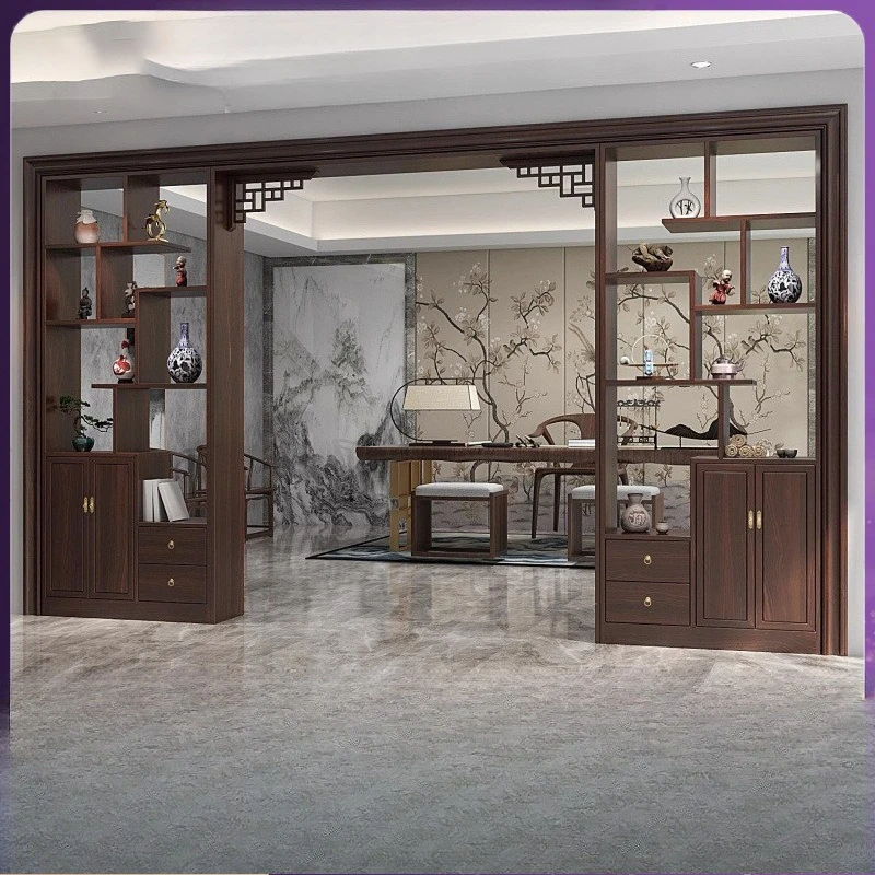 Solid wood home partition, living room, office rack, dining room, cover decoration, new Chinese-style hotel moon cave door