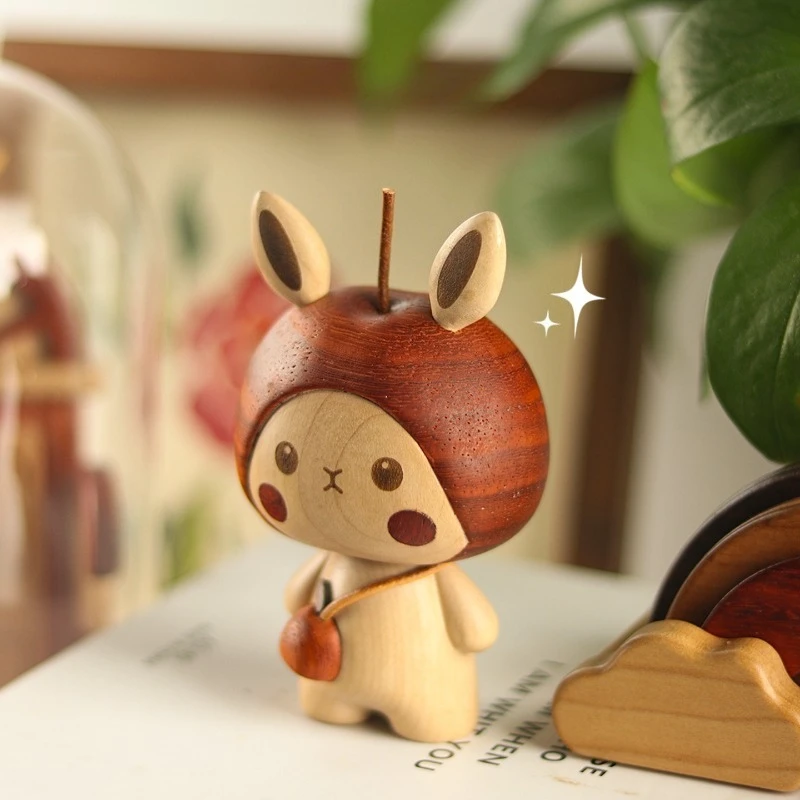 Apple Rabbit Wooden Figurine Cute Desk Car Ornament Handmade Craft Gift Home Office Decoration Accessory Wood Animal Miniatures