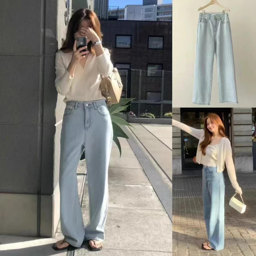 

Spring 2025 Women's Straight Leg Jeans Lightweight Blue Casual High Waist Long Pants Clean Sle Slimming Loose Fit