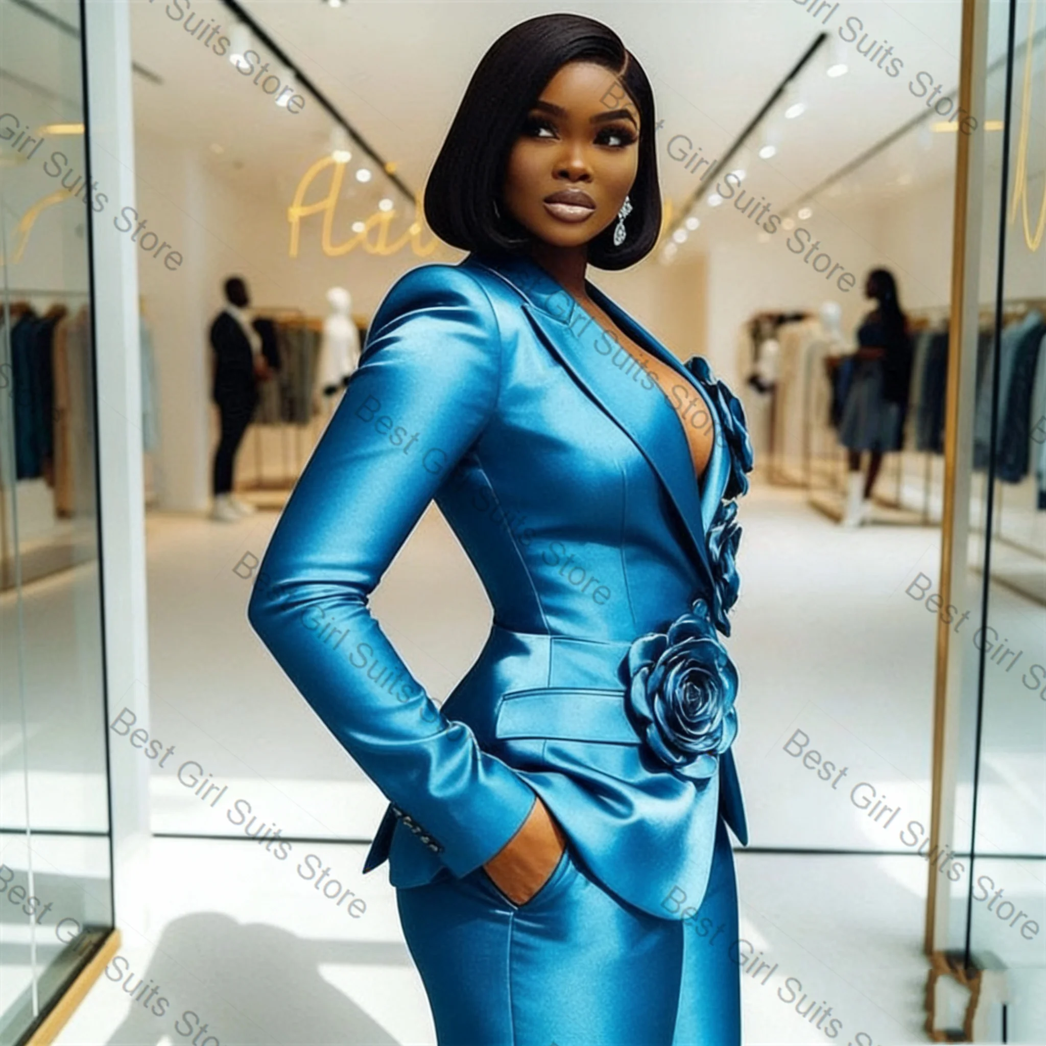 

White Satin Women Suit Set 2 Piece Long Blazer+Pants Trousers Spring Flower Formal Office Lady Jacket Customized Wedding Coat