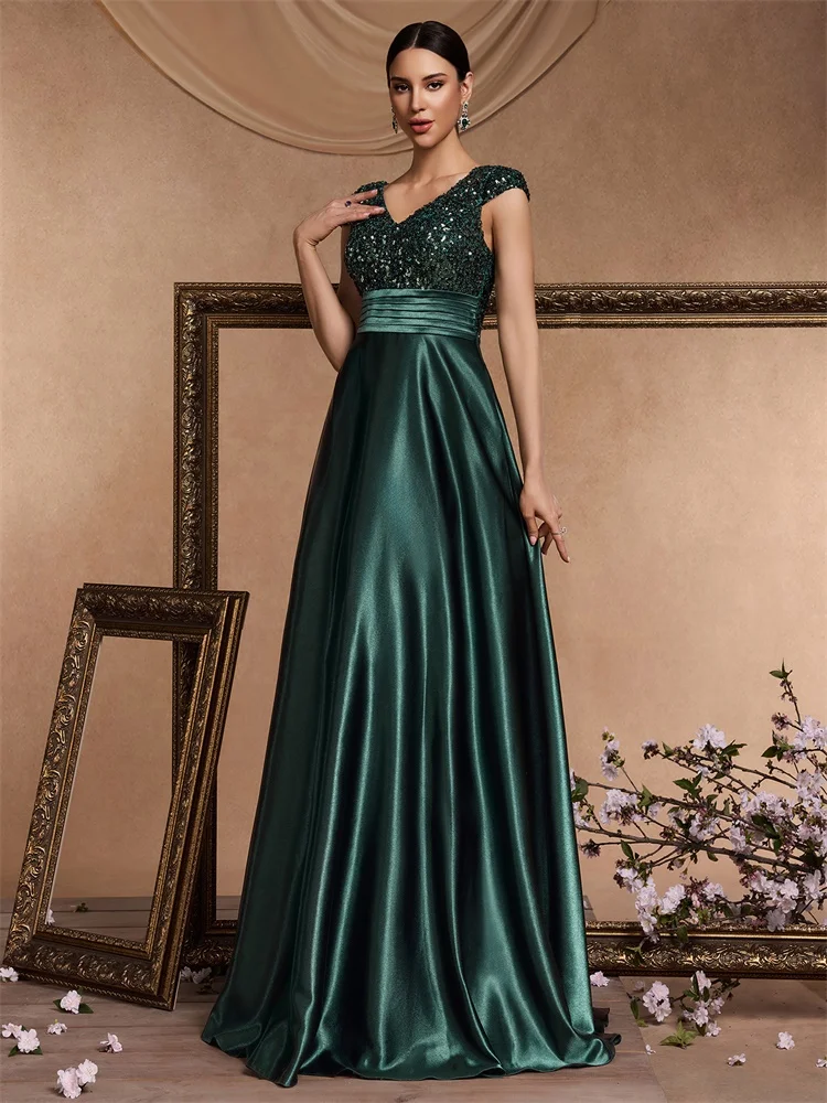 Lucyinlove Elegant V Neck Green Sequin Evening Dress Long 2024 Luxury Women Satin Short Sleeves Party Dress Prom Cocktail Dress