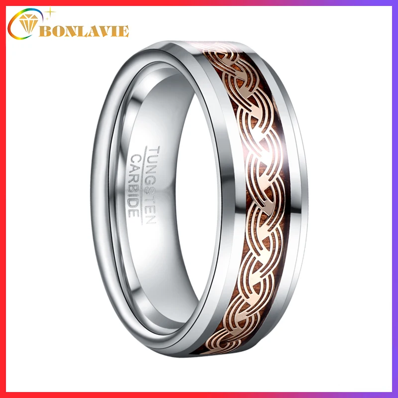 BONLAVIE Men Rings 8mm Width High Polish Gold Color Ripple Pattern Tungsten Steel Wedding Rings