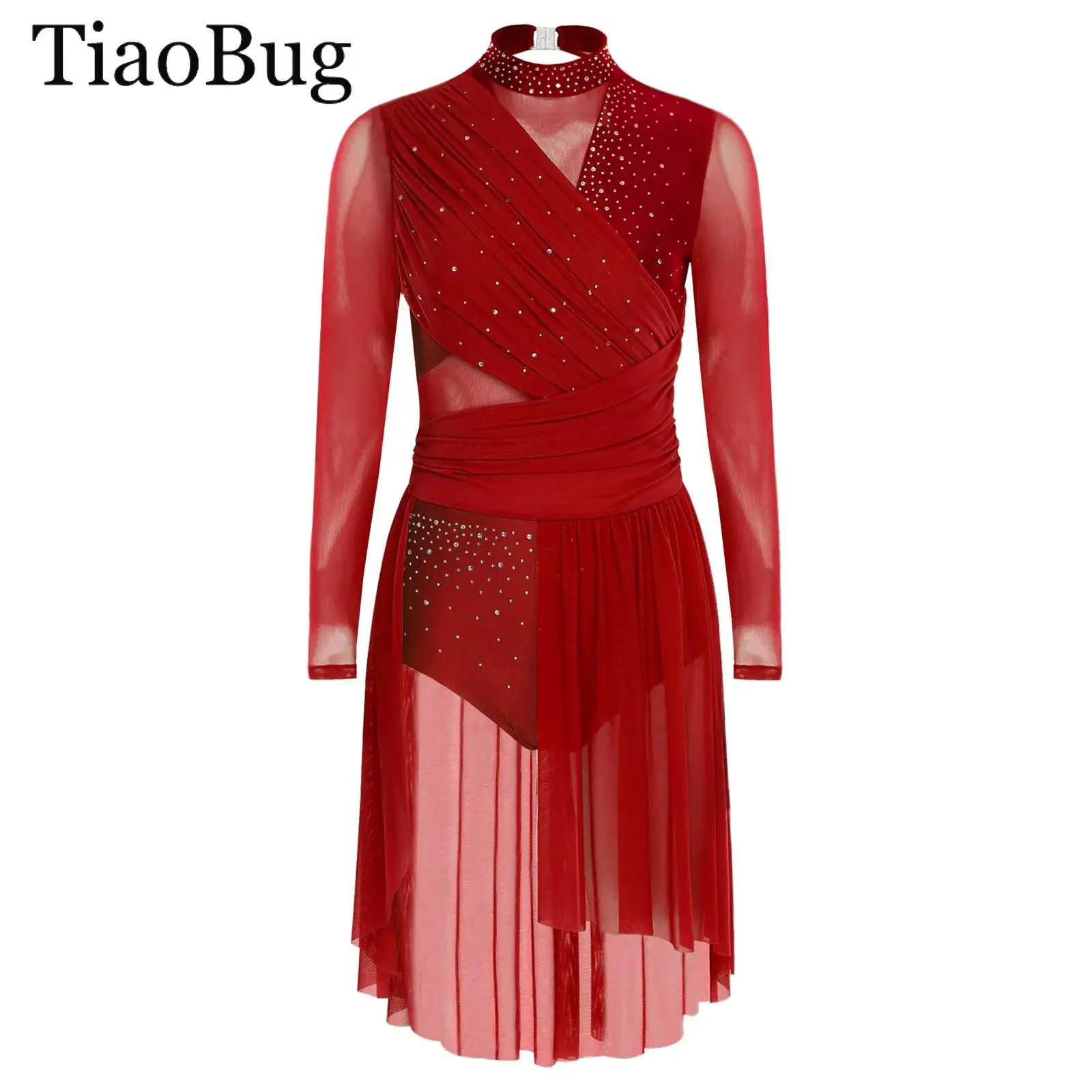 

Women Lyrical Modern Dance Dress Rhinestones Long Sleeve Ruched Backless One Piece Leotard Dress Ballet Contemporary Dance Wear