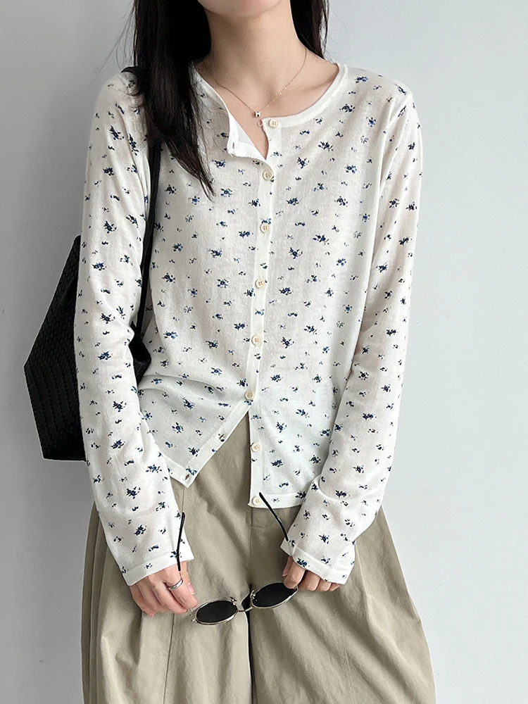 Beige Pattern Printed Knitting Cardigan Sweater Round Neck Long Sleeve Women New Fashion Tide Spring Autumn