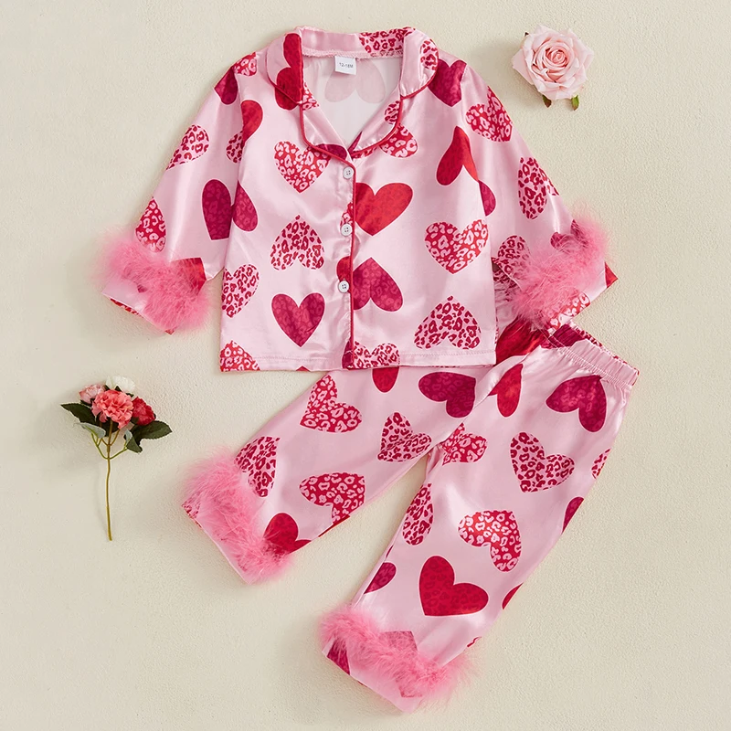 Lioraitiin 2-6Y Little Kids Girls Valentine\'s Day Pajama Clothes Sets Heart Print Fur Patchwork Long Sleeve Lapel Shirt Pant