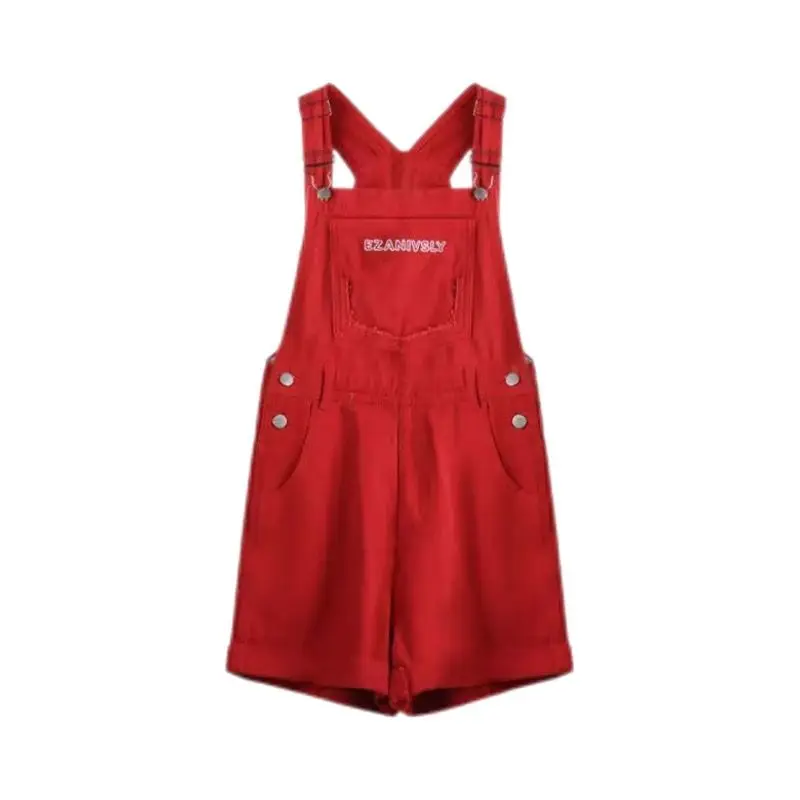 Denim Bib Shorts Red 2024 Summer New Loose Wide Leg Sling Hot Short Trousers High Waist Letters Jumpsuit For Women