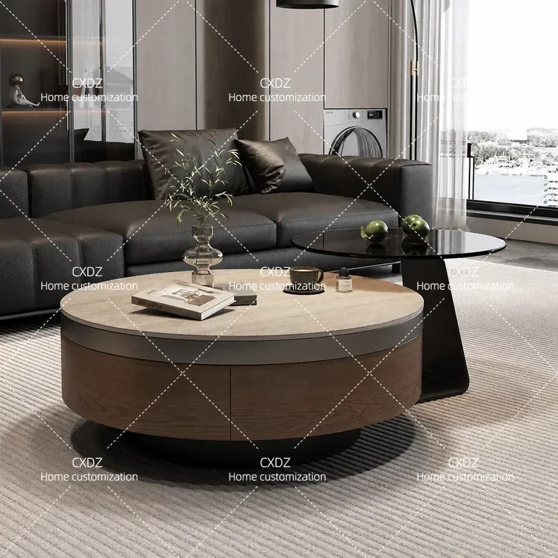 Travertine Stone Slab Round Coffee Table Walnut Finish Cabinet Combo Retro Light Luxury Style for Living Room Home Furniture