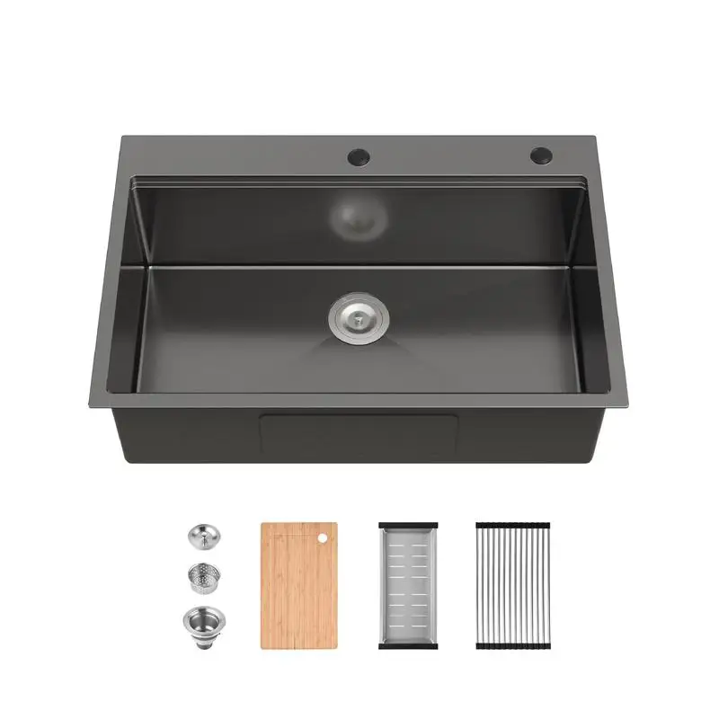 

33" x 22" Stainless Steel Single Bowl Overmount Sink in Black with Cutting Board & Colander Accessories