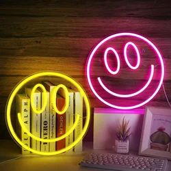 Smile Face Neon Sign LED Neon Light Wall Decor Smiley Face Light Up Signs USB Powered Yellow Neon Signs For Bedroom Pink