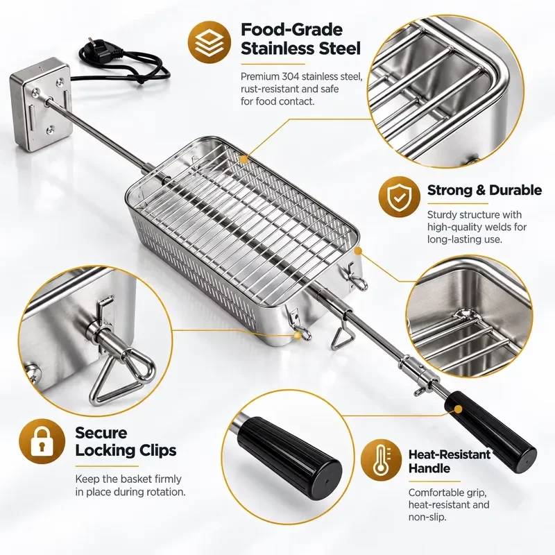 Stainless steel grill, grill basket, gas grill, rotating grill, suitable for lamb chops, chicken ribs, outdoor barbecue