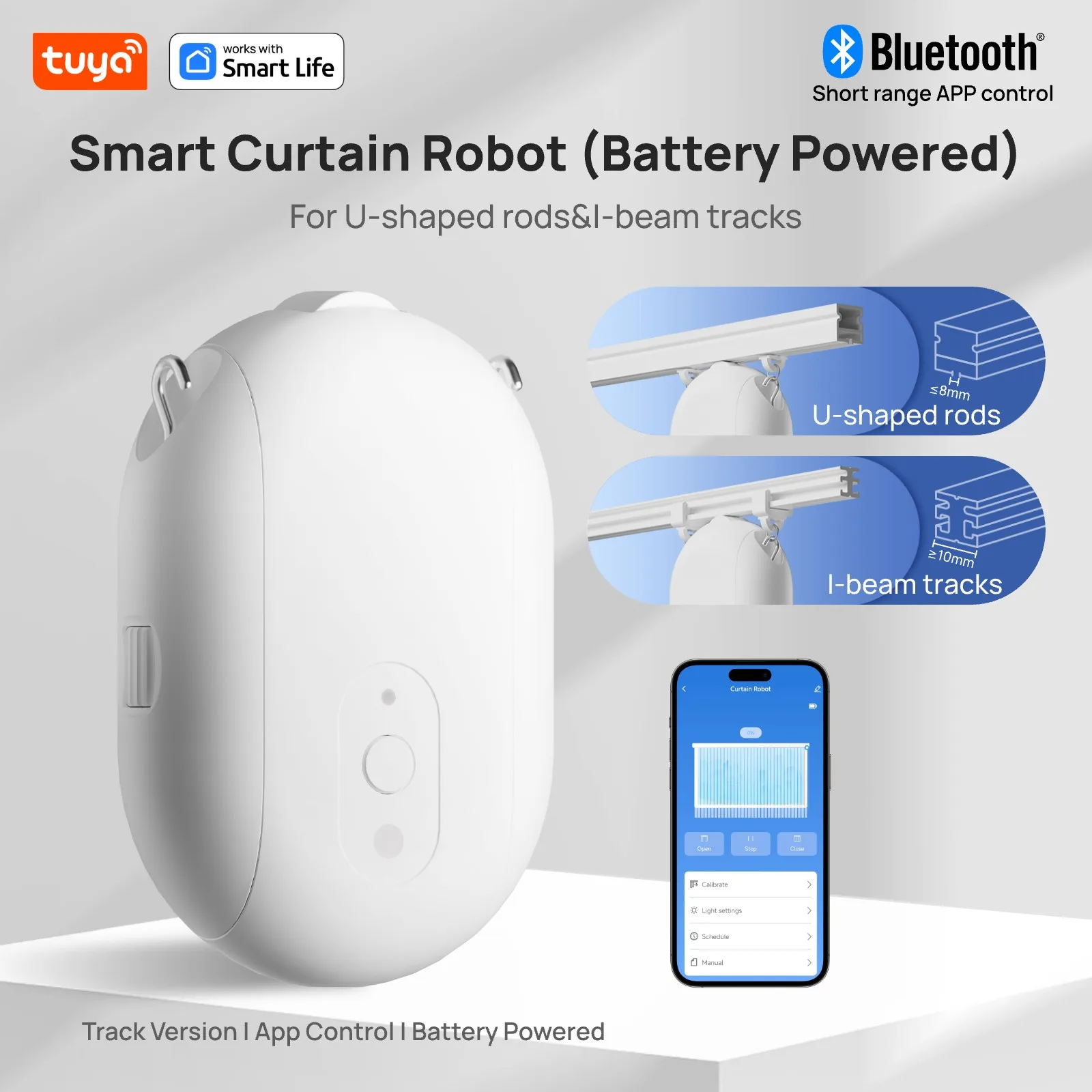 

Робот Tuya Smart Curtain-T/I-образный трек: приложение Bluetooth, управление коротким диапазоном, таймером, вытягивающийся, емкость нагрузки 8 кг
