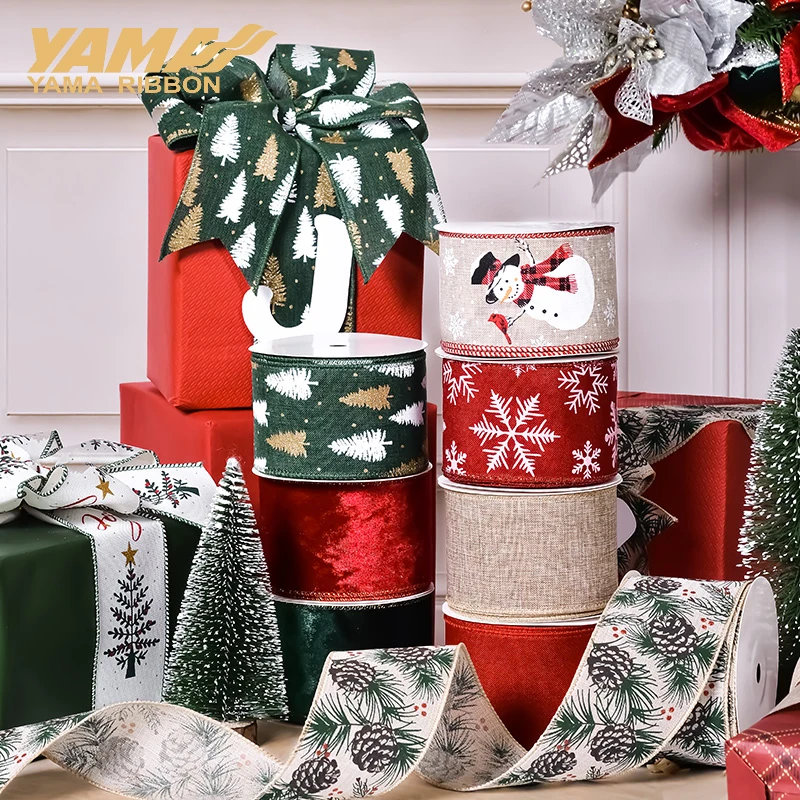 YAMA Wired Edge Ribbons for Xmas Decoration10yards/roll 50yards/roll 38mm 63mm  DIY Craft Supplies Christmas Ribbon