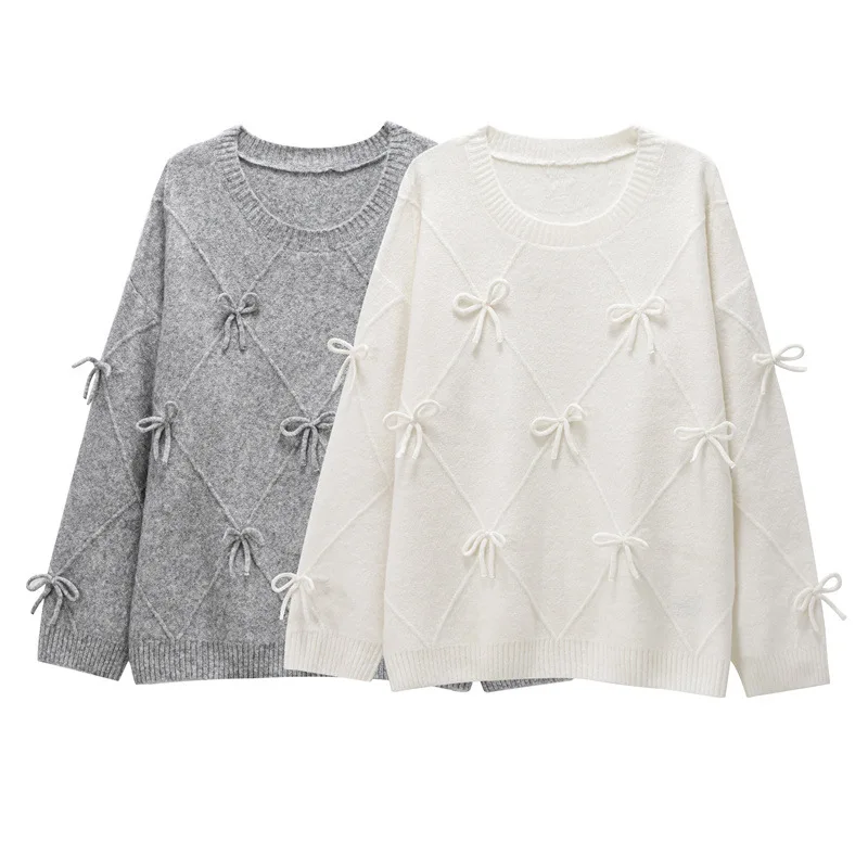 

Милый свитер с бантом, женский осенне-зимний новый ленивый стиль, свободная верхняя одежда, дизайн, антивозрастной вязаный пуловер, топ