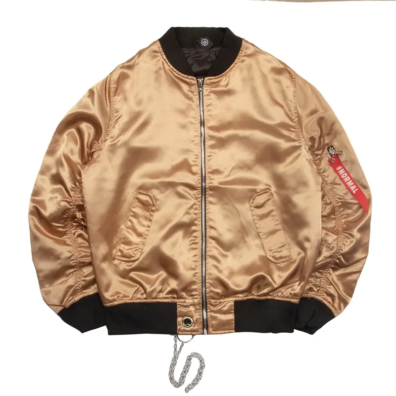 Street Style Zippered Shiny Varsity Apparel Gold Satin Bomber Jacket for Men