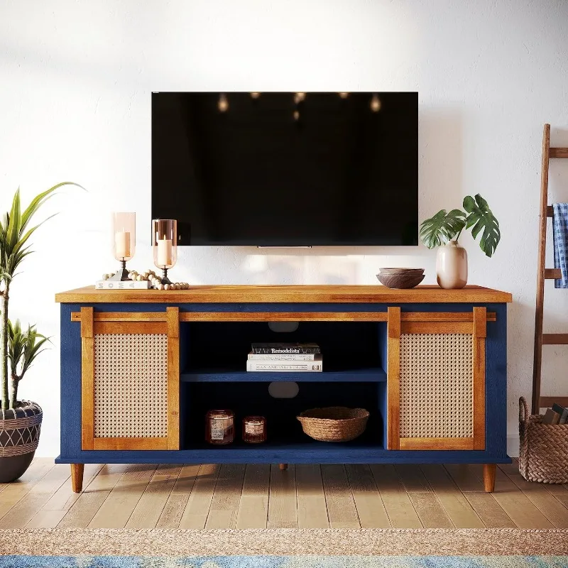 Premium Arvid TV Console Table,Solid Wood TV Table with Rattan Sliding Doors, home.