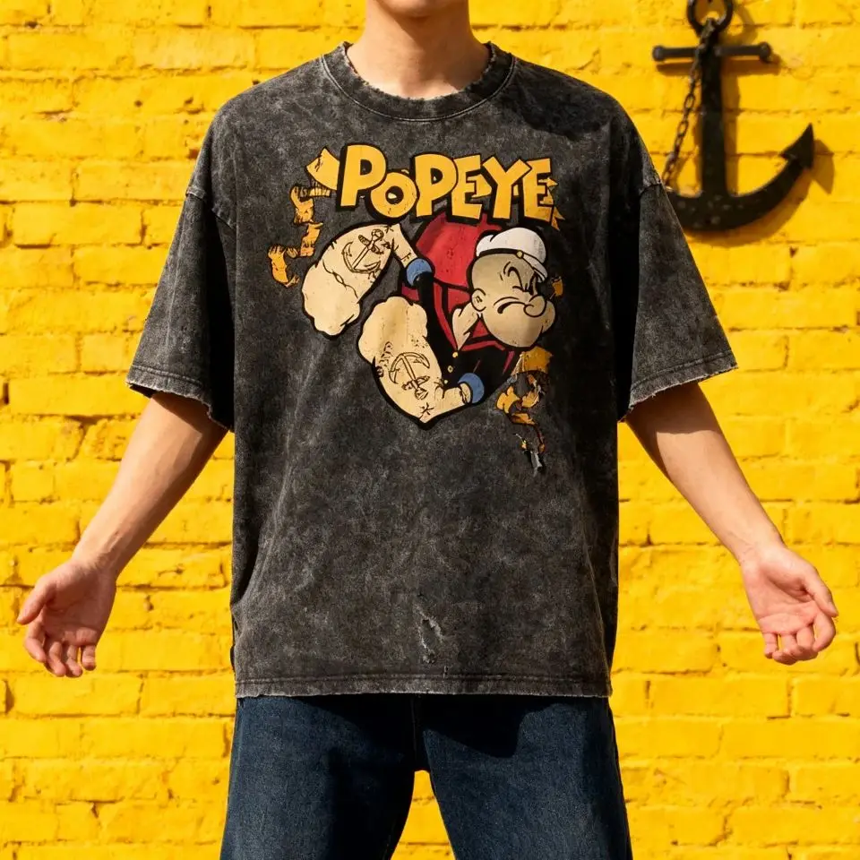 2025 الجرافيك المحملة اللياقة البدنية الصالة الرياضية ل Popeye العضلات الرجال غسلها تي شيرت الذكور الرجعية الكرتون عادية مريحة الشارع الشهير تي شيرت