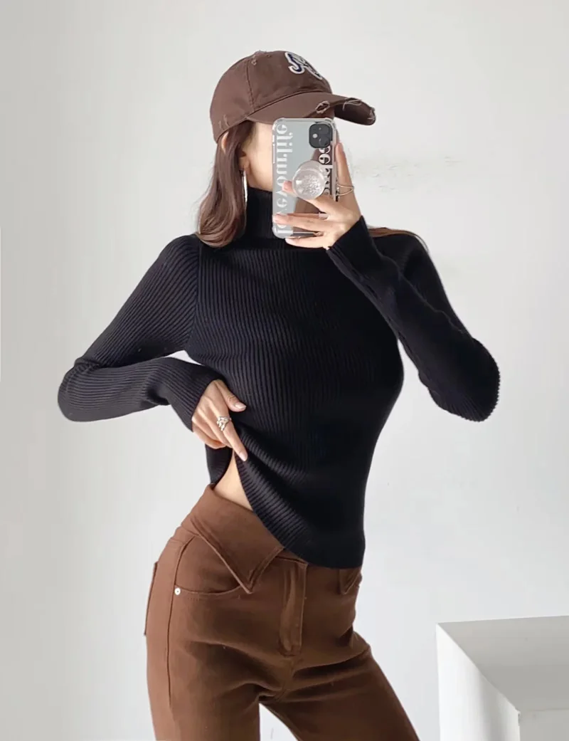 Women Roll Neck Fitted Rib Jumper Basic High Neck Knit Top