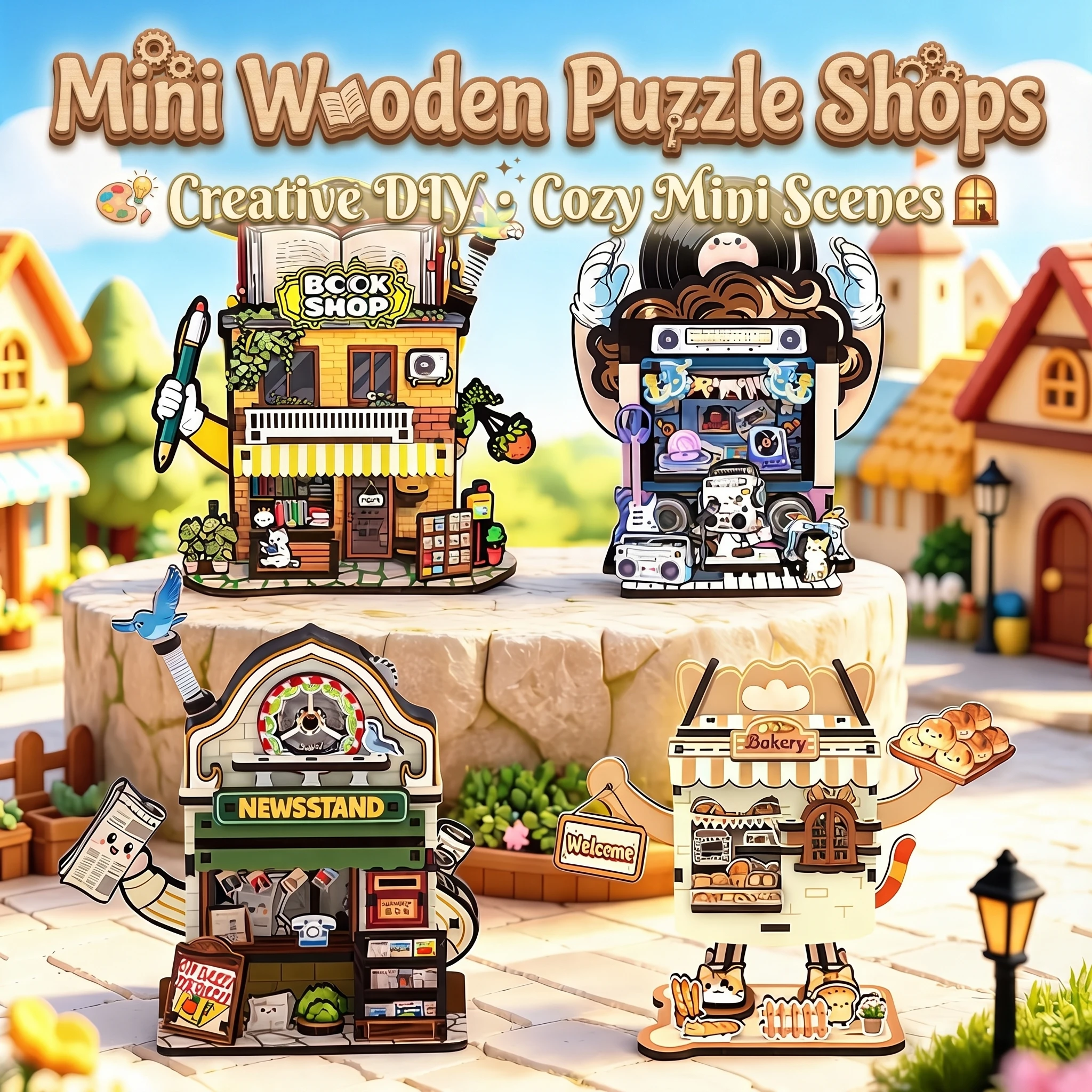Holz-Bausatz-Modell Puzzle-Spielzeug Milchladen Musikladen Kürbis-Spielzeugladen Friseur Florist Miniatur-Puppenhaus Puppen-Bausätze