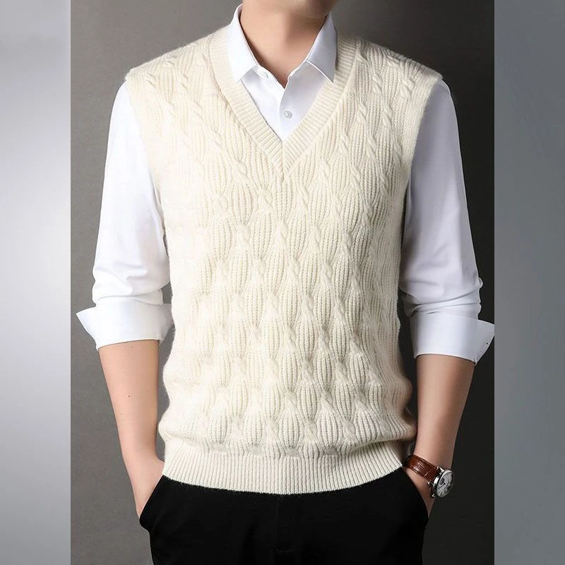 Spring Autumn Men Clothing Sleeveless Sweater Vest V-Neck Solid Screw Thread Vintage Korean Fashion Casual Loose Knitted Tops