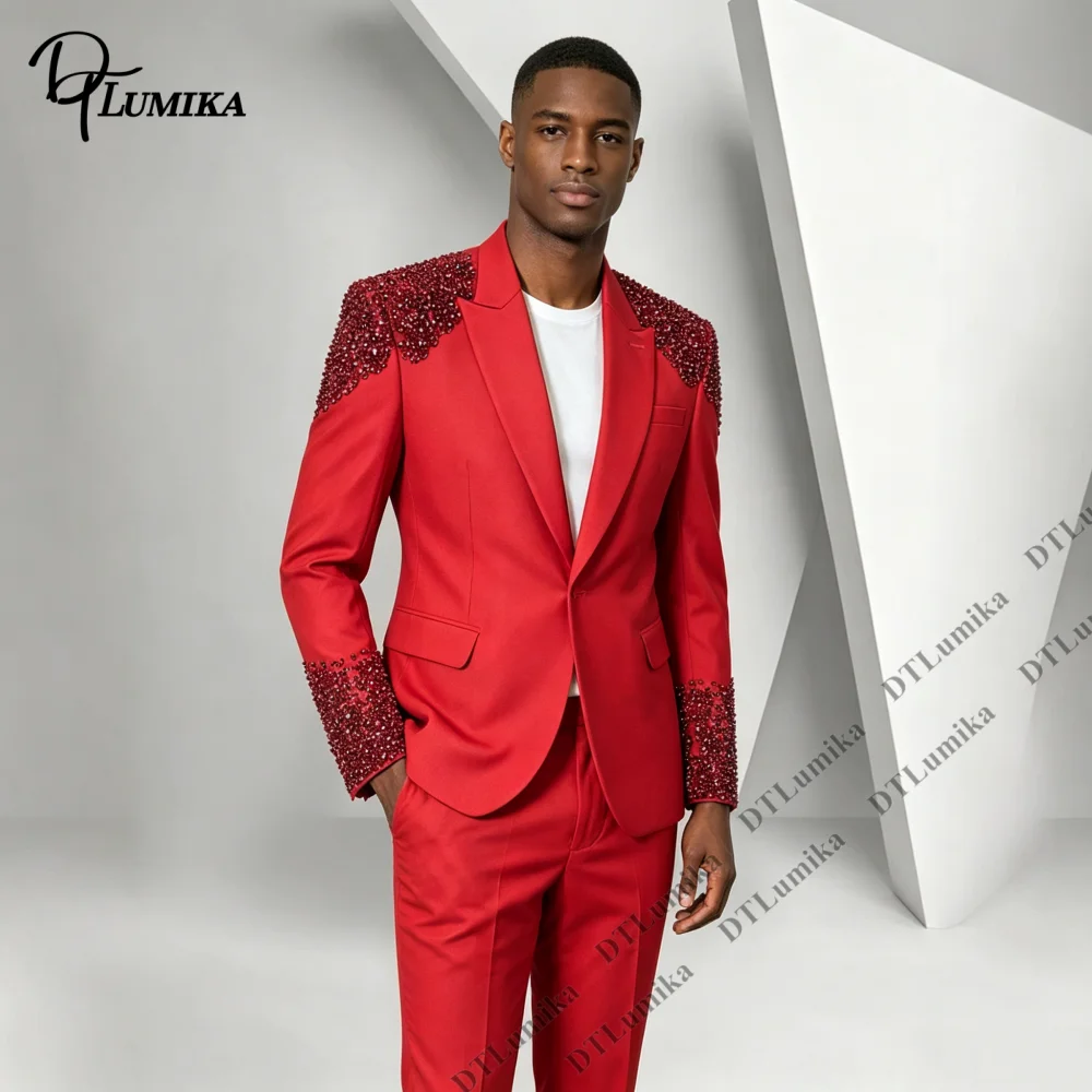Notch Lapel Men Tuxedo Heavy Red Rhinestone Shoulder Cuff Decoration Slim Fit 2 Piece Jacket Pants Formal Wedding Prom Gala Suit
