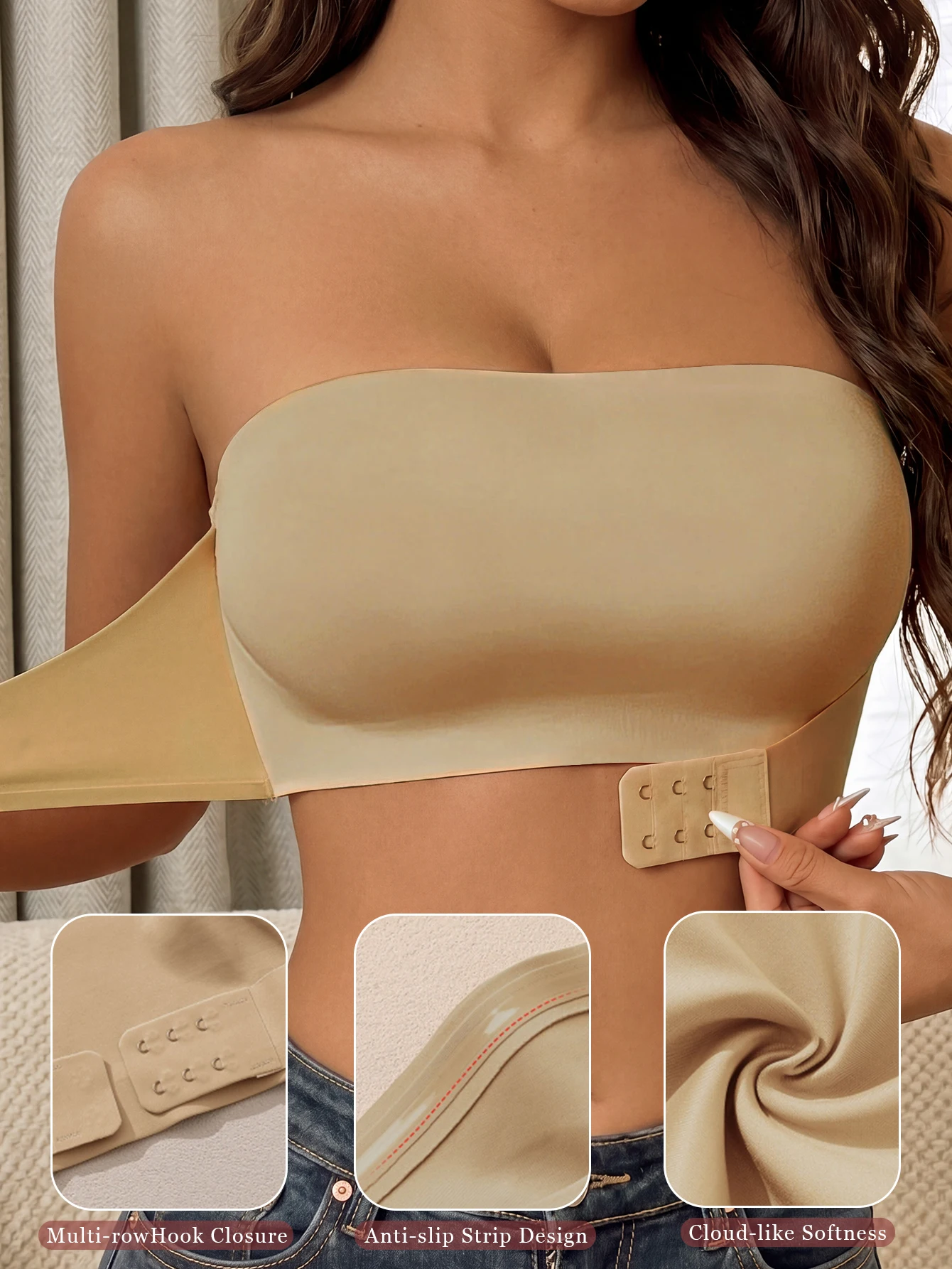 Trägerloser BH für Damen, nahtloser BH mit Schnalle vorne, kabelloser, rutschfester BH, sexy Crop-Top-Unterwäsche, unsichtbarer Halbschalen-BH, einteilig – Detail 5