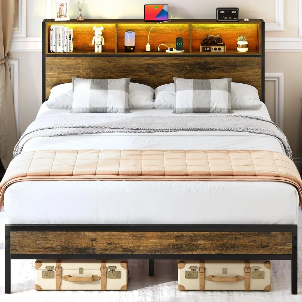 

Yoobure Queen Size Bed Frame with Headboard, Queen Bed Frames with Charging Station and LED Lights, Metal Platform Wood Bed Fram