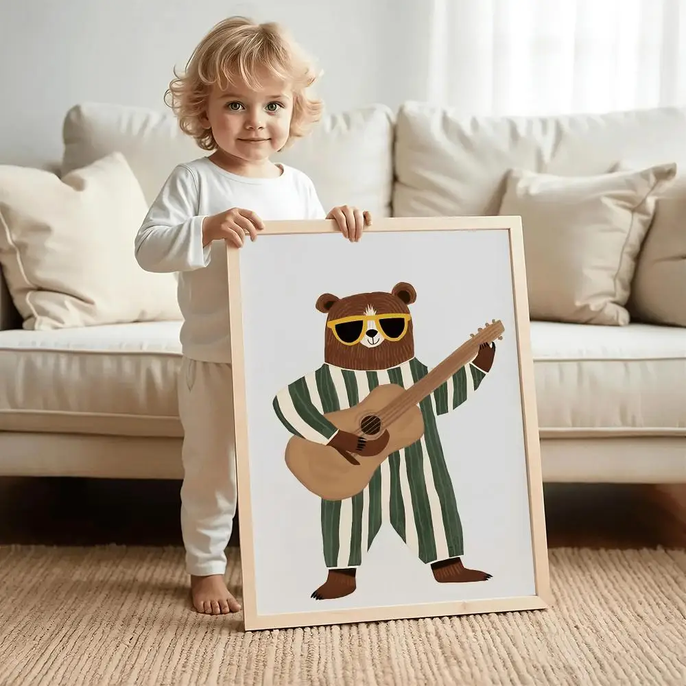 Retro Guitar Bear HD Wall Art Poster Cool Animal Illustration Kids Room Musical Nursery Decor Boys Room Home Gift