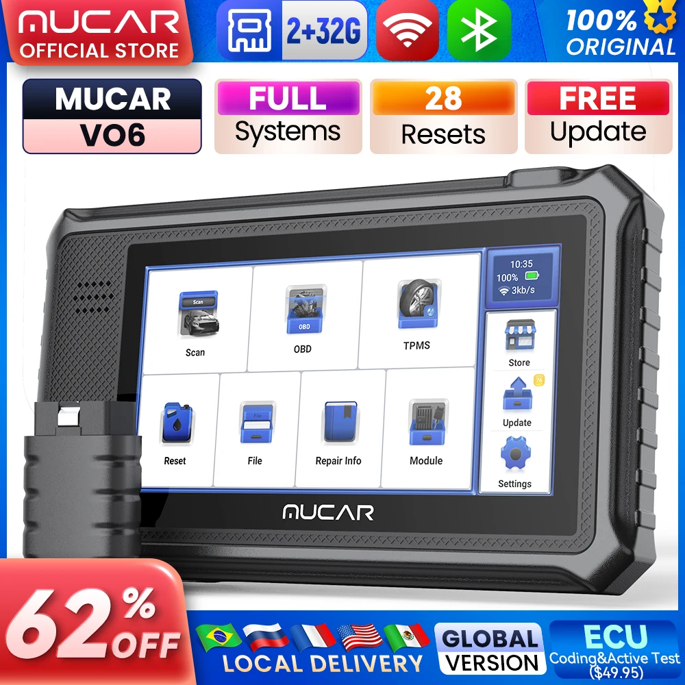 MUCAR VO6 Car Diagnostic Tools Lifetime Free Global Version Full System 28 Resets OBD2 Bi-Directional Control Scan Tool Scanner