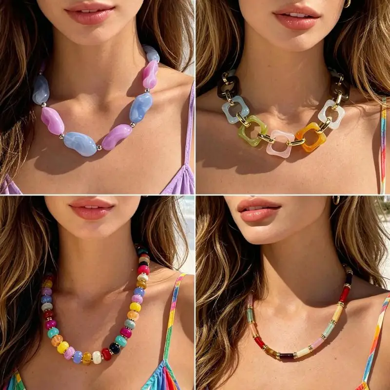 Colorful Resin Chunky Beaded Necklaces Vibrant Candy Colors Gold Tone Details For Summer Beach Daily Party Wear