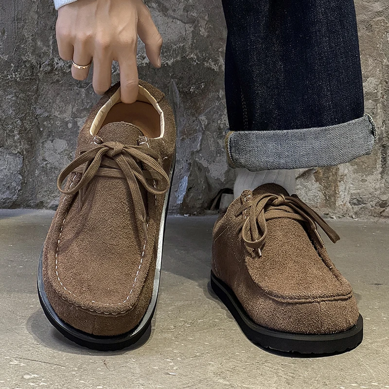 New Men Casual Derby Shoes Beige Brown Color with English-style Laces Thick Sole Anti-slip Fashionable Casual Leather Shoes Men