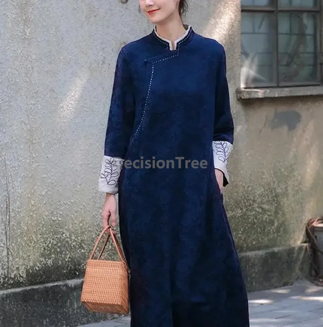 Jesienna etniczna sukienka w stylu vintage, z bawełny i lnu, qipao w stylu chińskim, z długim rękawem, haftowana, codzienna sukienka damska. — zdjęcie 3