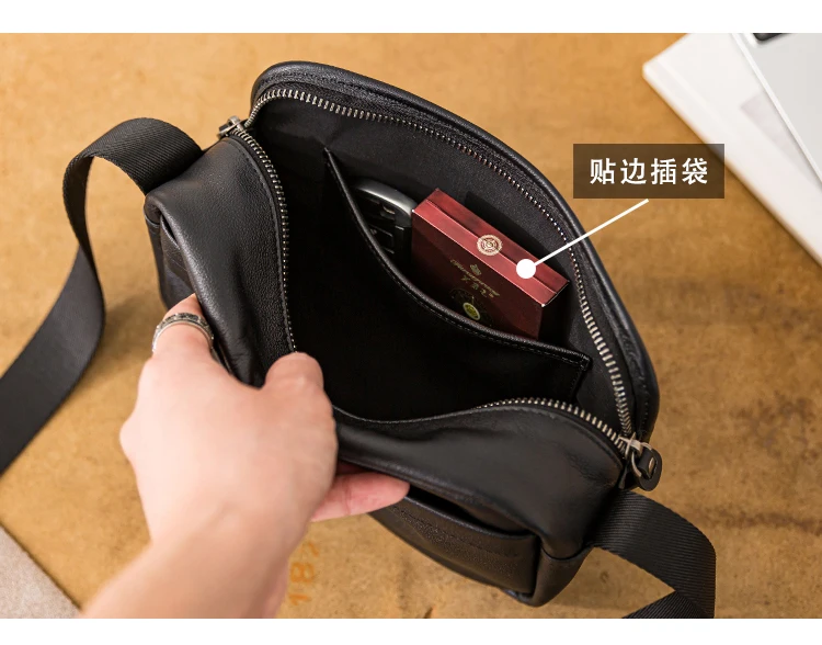 Simple casual high-quality first layer cowhide men crossbody bag outdoor daily work handmade genuine leather black shoulder bag