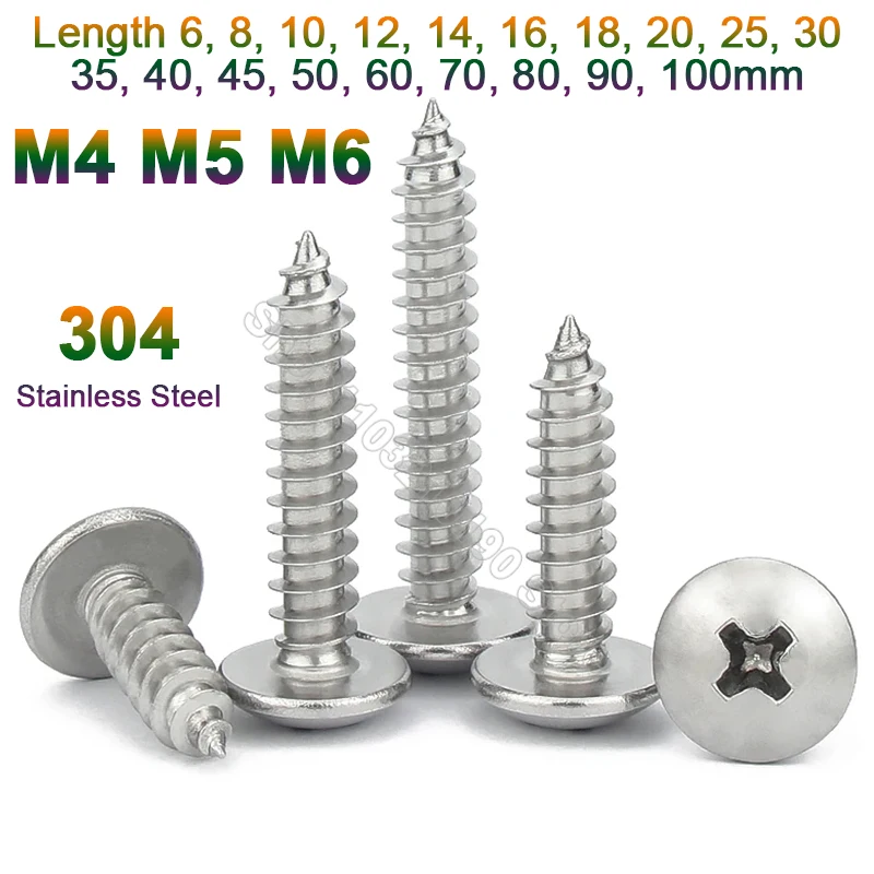 

10-50pcs M4 M5 M6 Stainless Steel Cross Large Phillips Truss Flat Head Self-tapping Screw Round Umbrella Pan Head Wood Screws