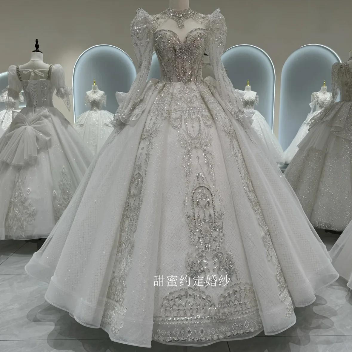 

White Wedding Dresses Puff Sleeve Diamonds Beading Applique Lace Up Handmade Luxury Tiered Princess Vintage Wedding Gowns