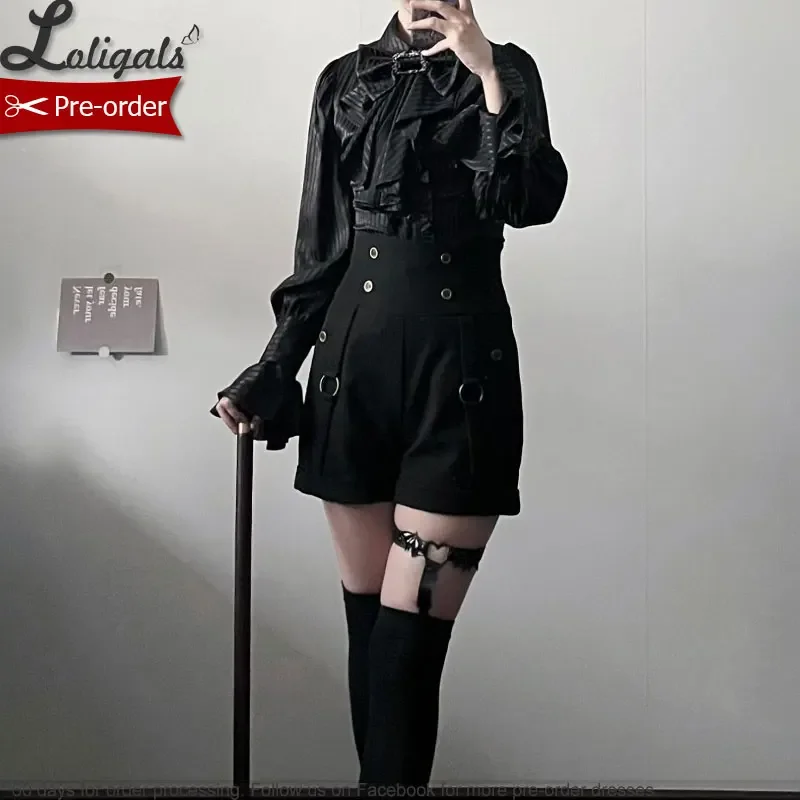 قميص Ouij Lolita للطلب المسبق بلوزة برنس بأكمام طويلة مخططة على الطراز القوطي / شورت مكبل عالي الخصر للنساء #2