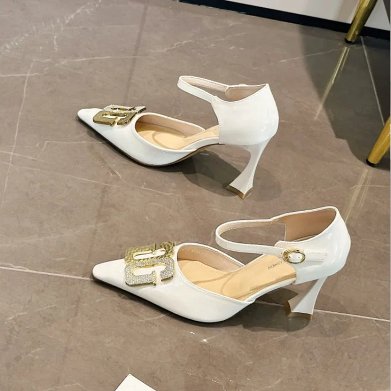 2024 Summer New Luxury Metal Buckle Patent Leather Pointed Super High Heels Fashion Party Chunky Sexy Women's Shoes