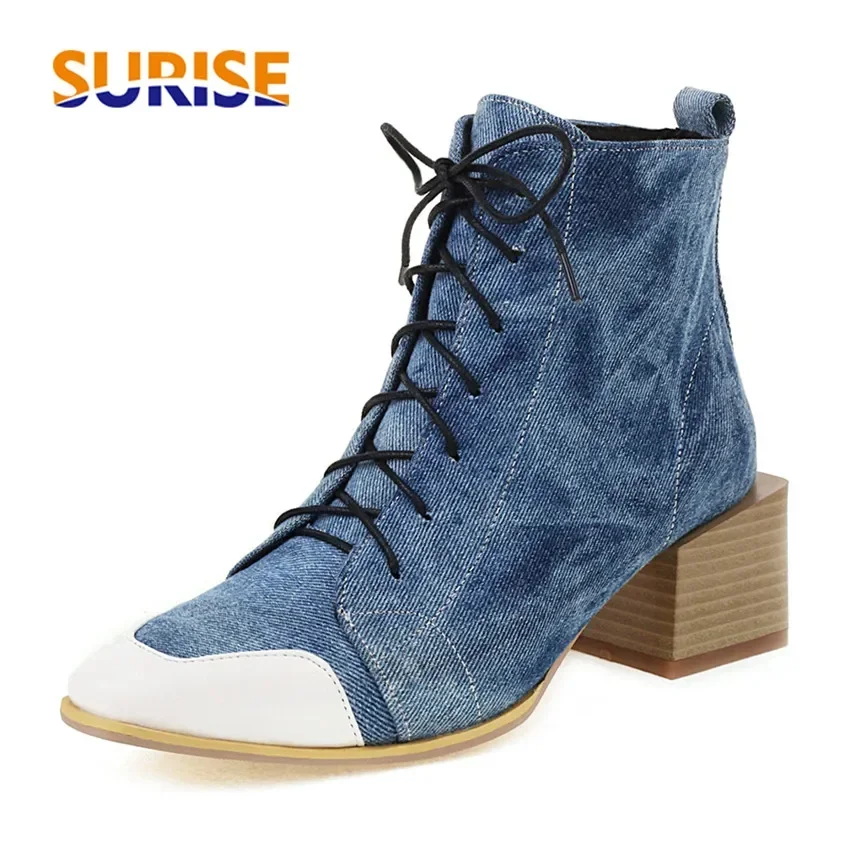 

Winter Autumn Women Ankle Boots Blue Denim Patchwork High Block Heels Casual Party Ladies Square Toe Vintage Lace Up Short Boots