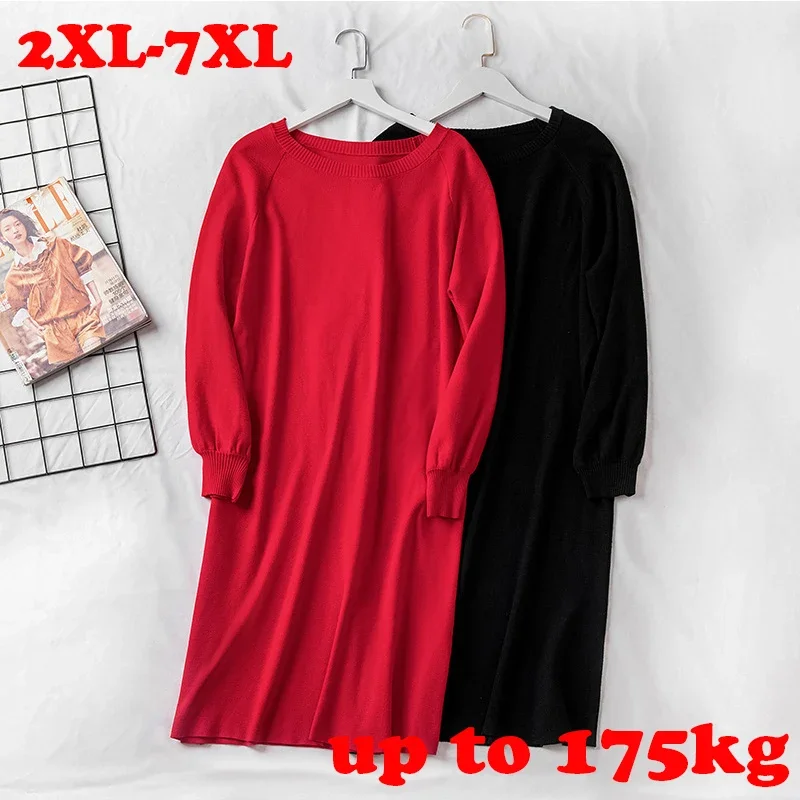 

Ultra Plus Size Women Clothing Solid Black Red Big Women Sweater Dress Casual Loose Big Dress Vestidos 6xl 7xl 175kg