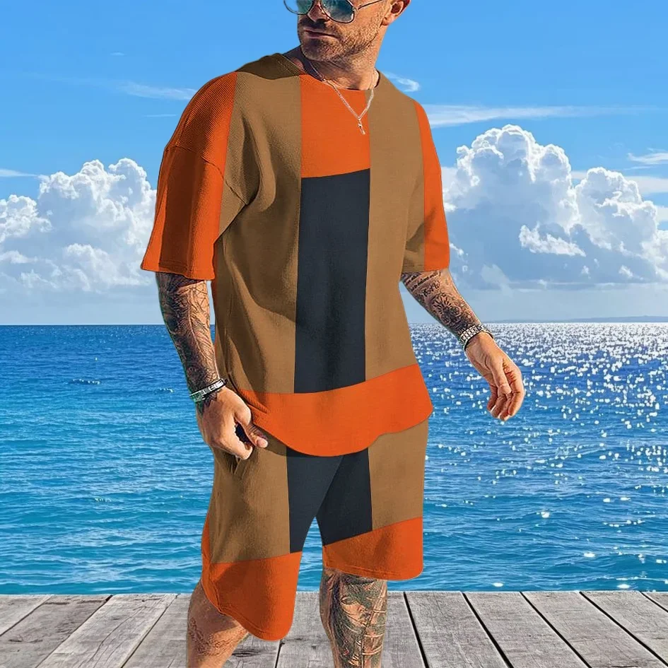

2025Summer Color Matching Printed Men's Street Short-sleeved Shorts Casual Comfortable Simple Fashion Sports Two-piece Set