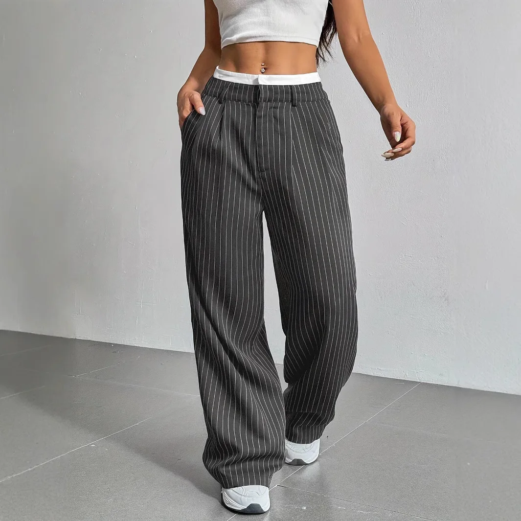 Women's Contrast Waist Pinstripe Wide Leg Pants, High Waist Pleated Loose Casual Trousers, Y2K Streetwear Bottoms