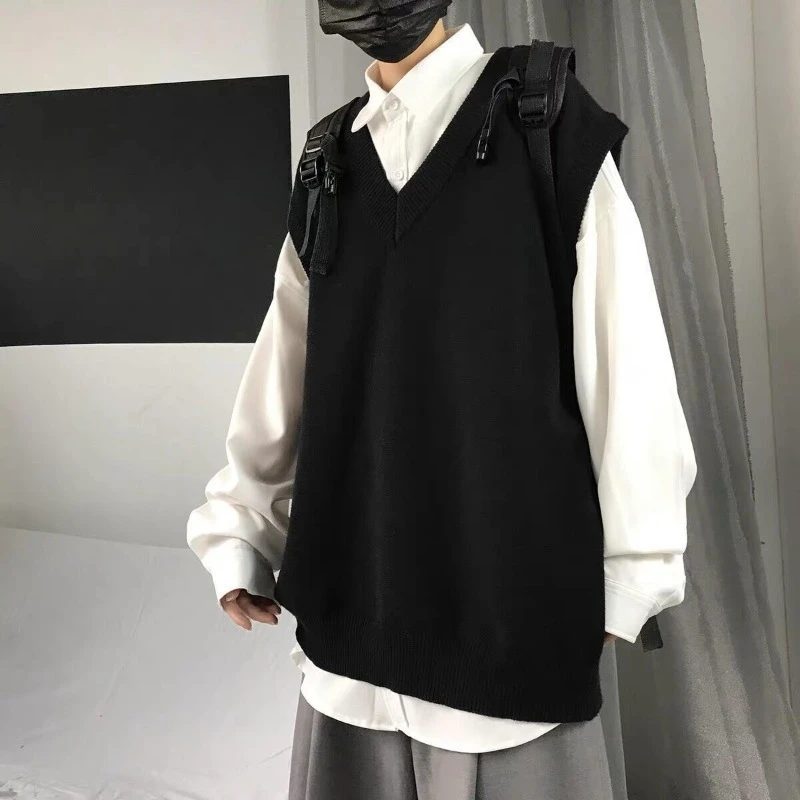 

Autumn Winter Men's Relaxed Fit V-Neck Sweater Vest Oversized Sleeveless Korean Trend Solid Color Couple Set Preppy Minimalist