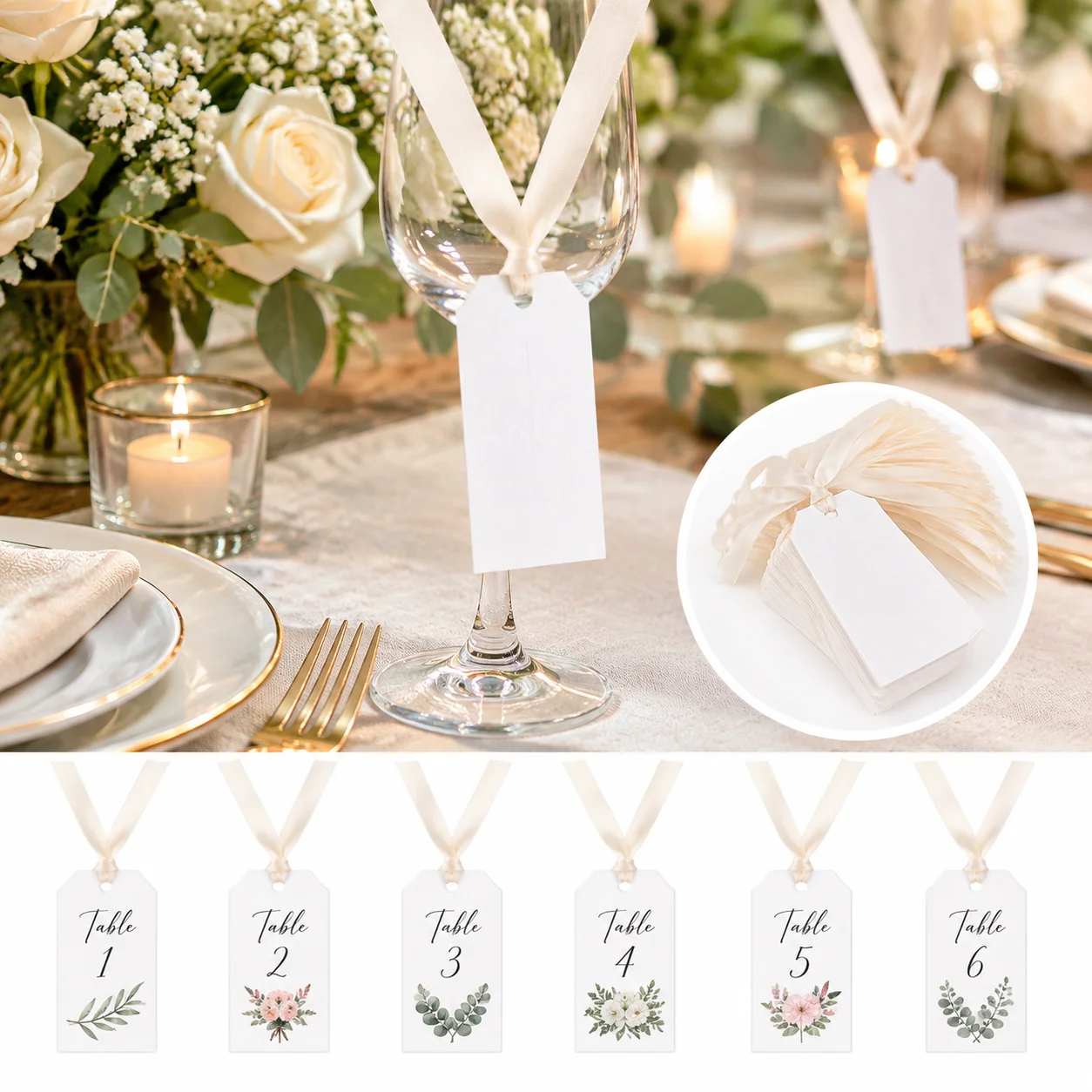100PCS Name Place Cards Table Setting Blank Wedding Place Cards With Ribbon Hanging Gift Tags For Wedding Party Table Setting