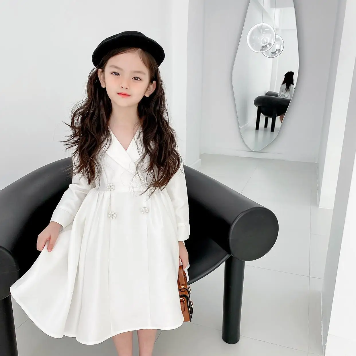 New Autumn Girls' Fashion Suit  Small Fragrance Style High-End Princess White Flower Girl Wedding Birthday Party  for 2-9 years