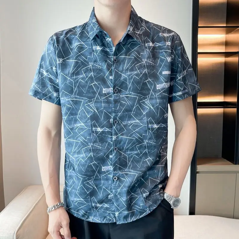 Men's Ice Silk Short Sleeve Shirt Summer Trendy Brand Fashionable Print Stylish and Cool Ice Feeling