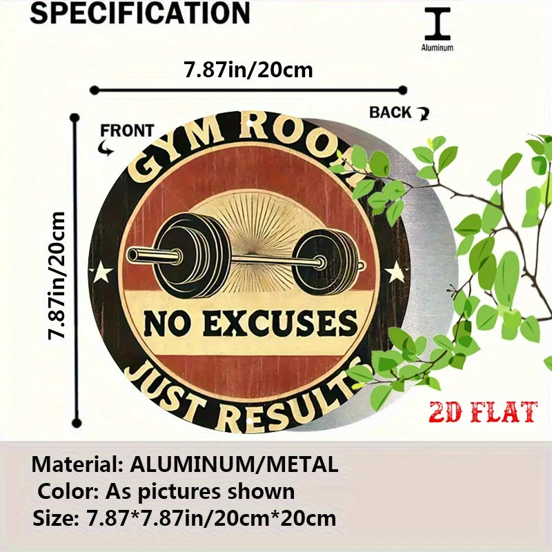 2D Flat, 1pc Vintage Gym Motivational Metal Wall Sign - No Excuses Results Fitness Decor with Barbell Design & Gym Icons, 7.8''