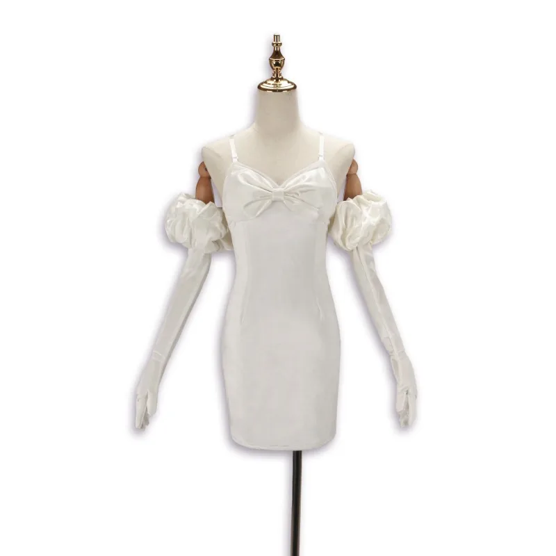 Sua Cosplay Kostuum Anime Alien Stage Witte Jurk Oorbellen Korte Zwarte Pruik Halloween Party Rollenspel