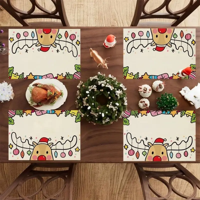 VIKAMA Christmas Placemat Reindeer Print Dining Table Mat Set for Kitchen Home Holiday Party Washable Place Mats